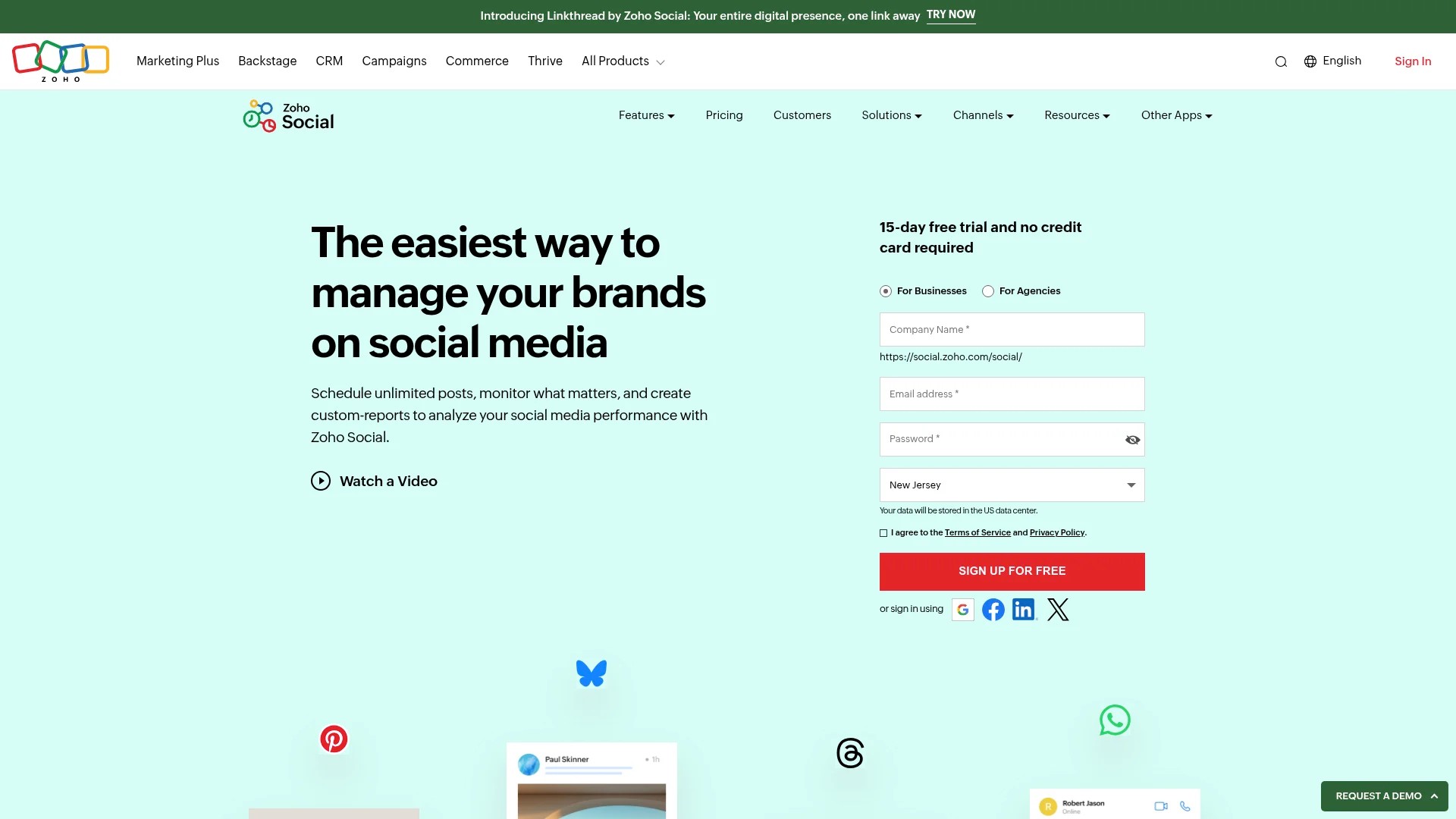 Screenshot of https://www.zoho.com/social/