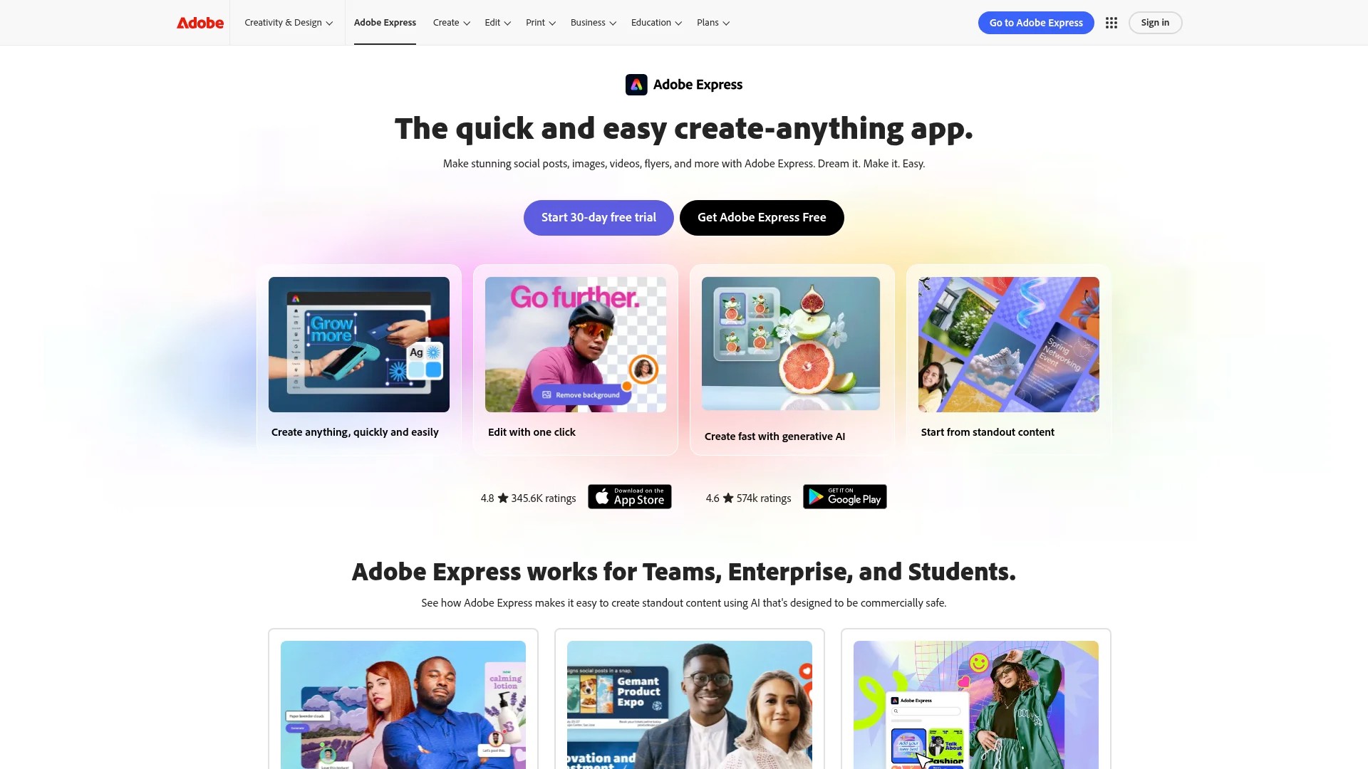 Screenshot of https://www.adobe.com/express