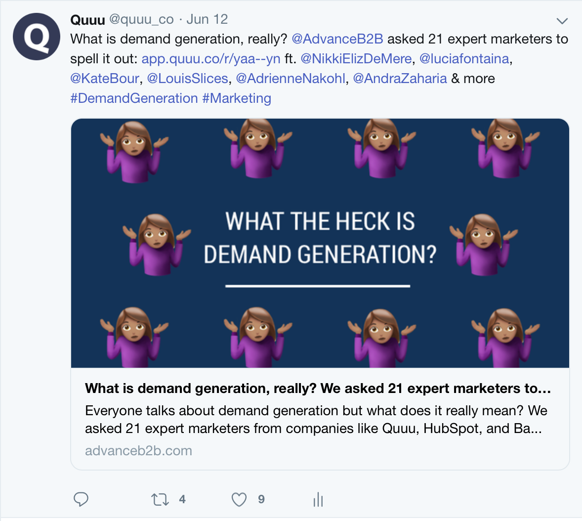 Screenshot of a Quuu tweet talking about demand generation highlighting the idea of mentioning people in your tweets.