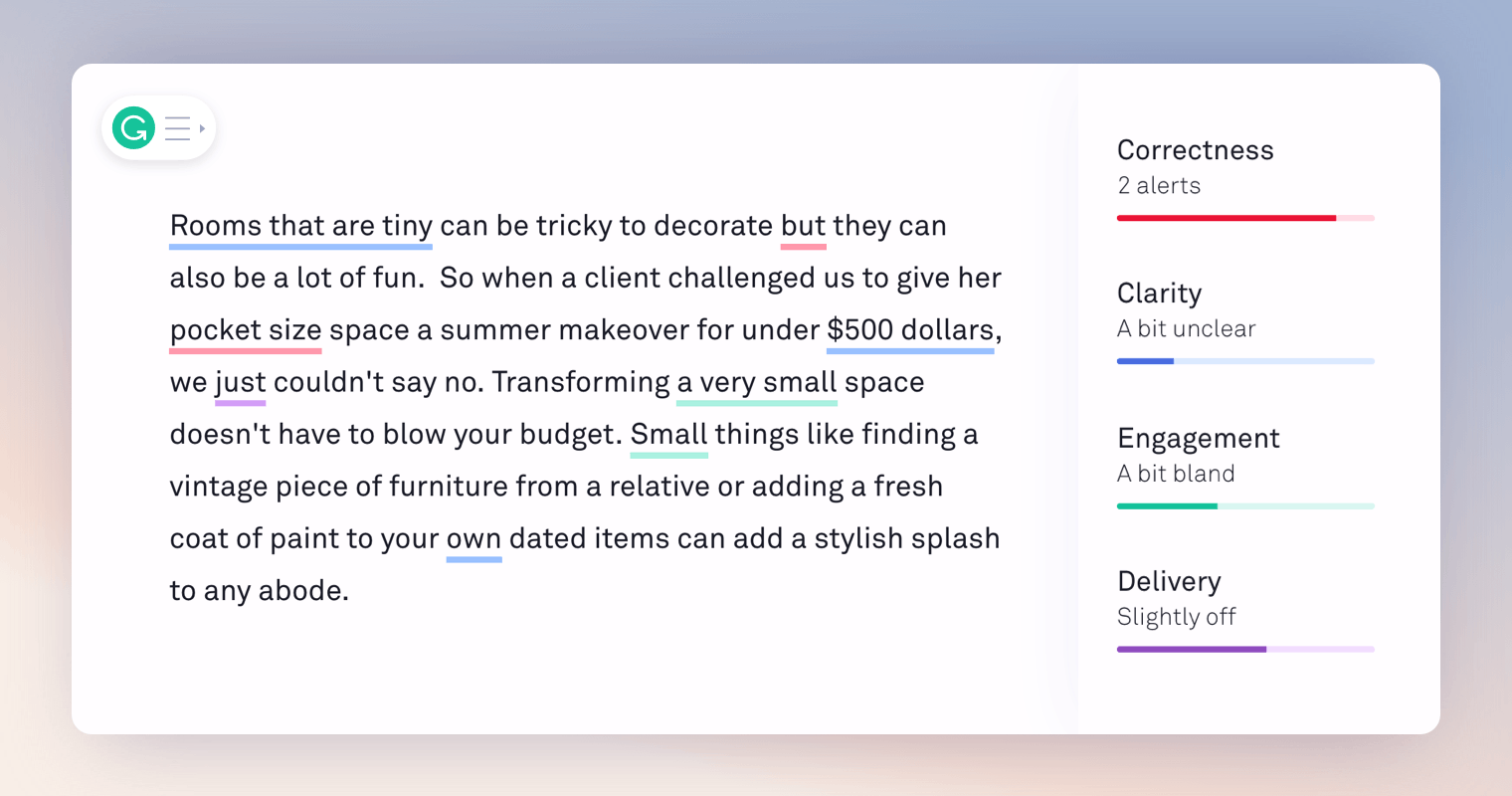 Grammarly's AI marketing bot suggesting changes and mistakes with a piece of copy.