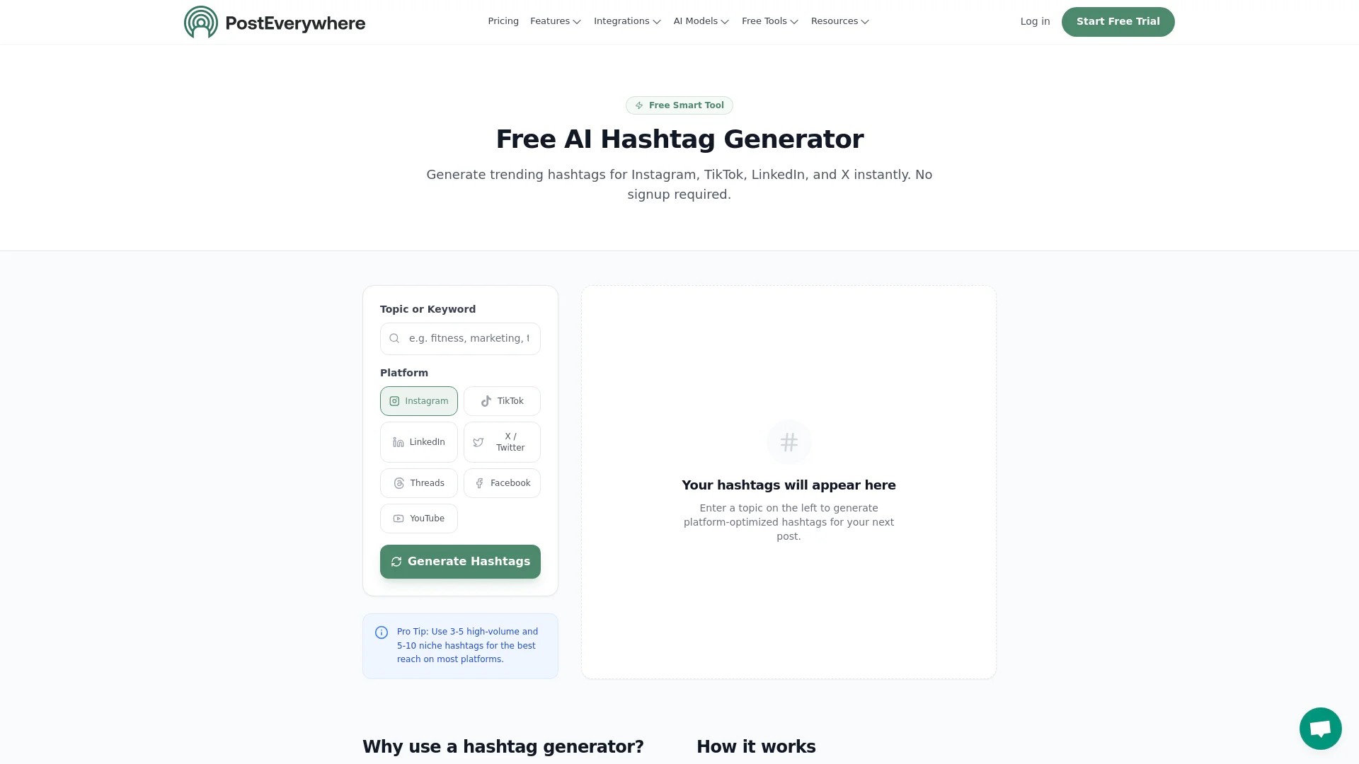 Screenshot of https://posteverywhere.ai/tools/hashtag-generator